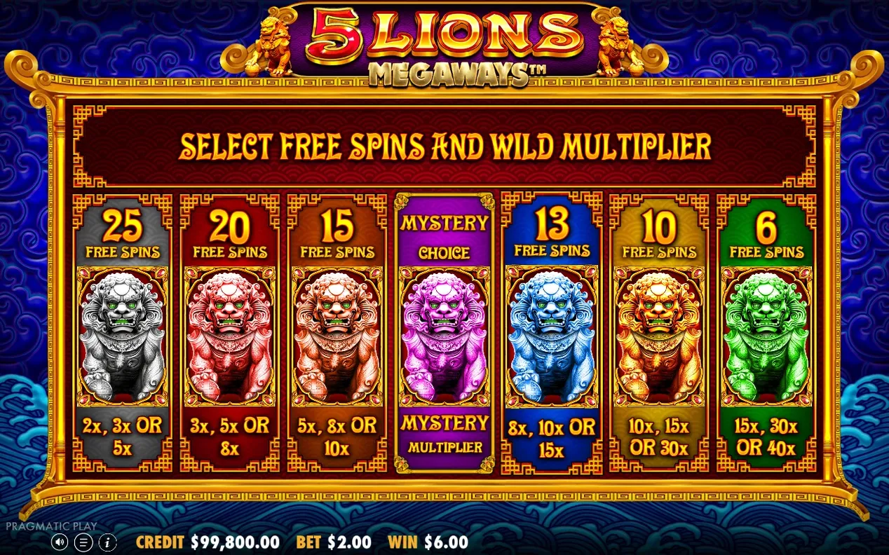 Bonusvalskärm med sju lejonstatyer: från 25 free spins till 6, plus ett lila mysterieval.