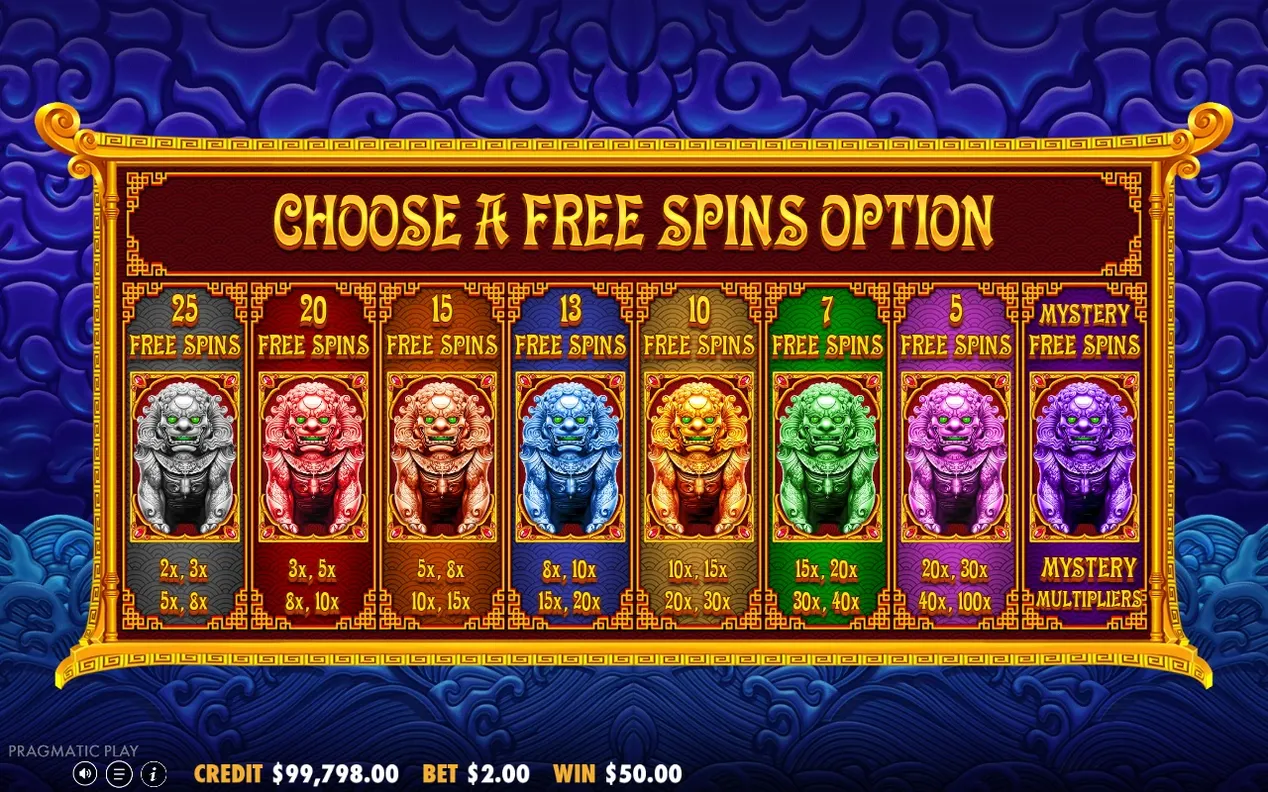 Valskärm för free spins med åtta färgkodade lejonstatyer, antal snurr och wild-multiplikatorer.