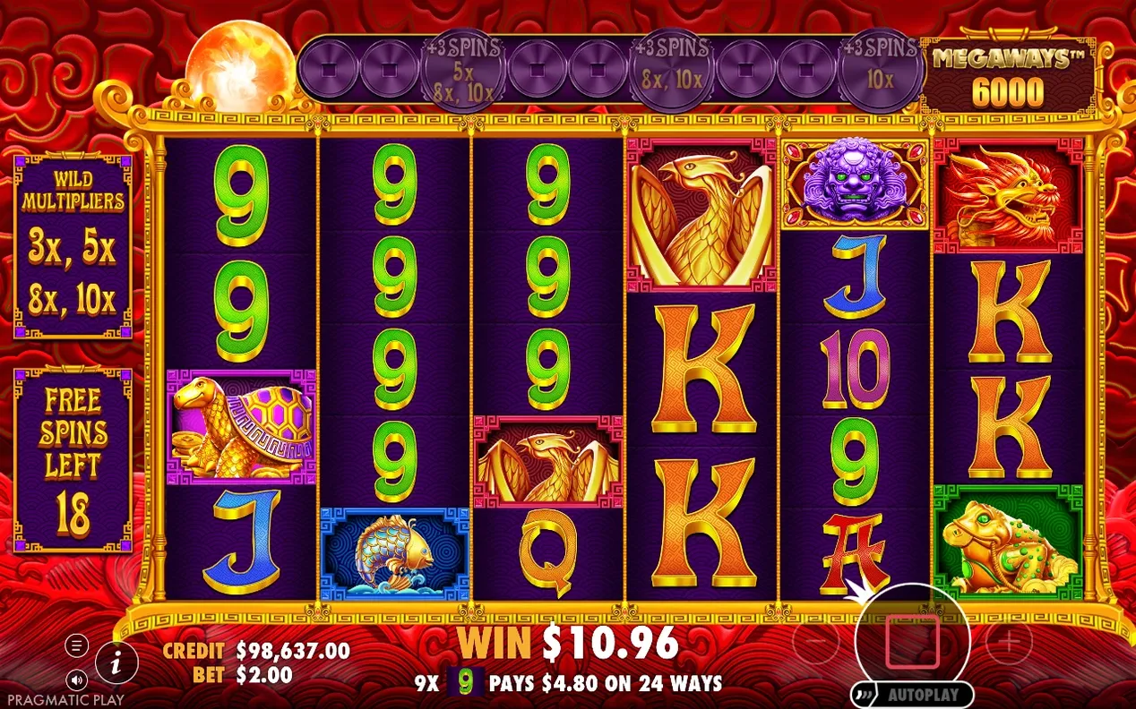 Free spins på röd bakgrund visar en vinst på $10,96 där 9x ger $4,80 på 24 vägar, 18 snurr kvar.
