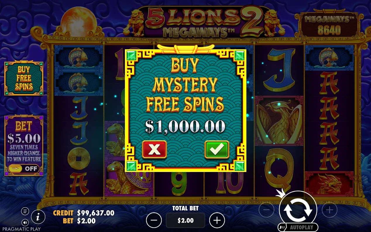 Popup för att köpa Mystery Free Spins för $1 000,00, med röd avbryt- och grön bekräftaknapp.