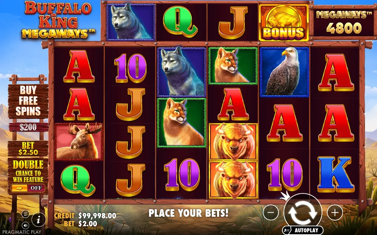 Bashjulen i ökenmiljö med Buy Free Spins $200 och Bet $2.50 i vänsterkanten, Megaways 4800.