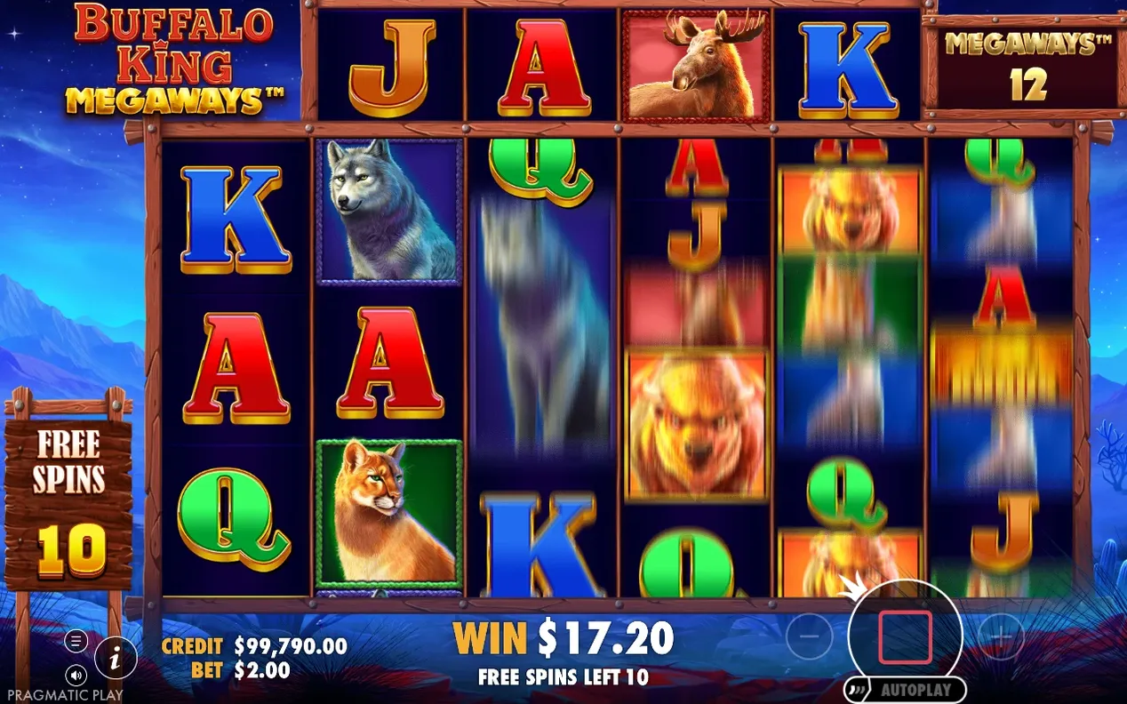 Tumble-funktionen animerar fallande symboler under free spins, Megaways sjunker till 12, vinst 17,20 dollar.