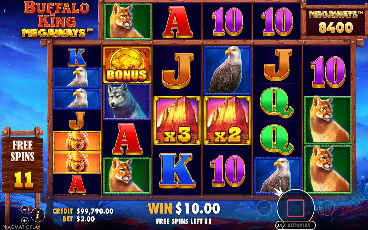 Free Spins med Wild-symboler märkta x3 och x2 i mitten, 11 spins kvar, Megaways-räknare visar 8400.