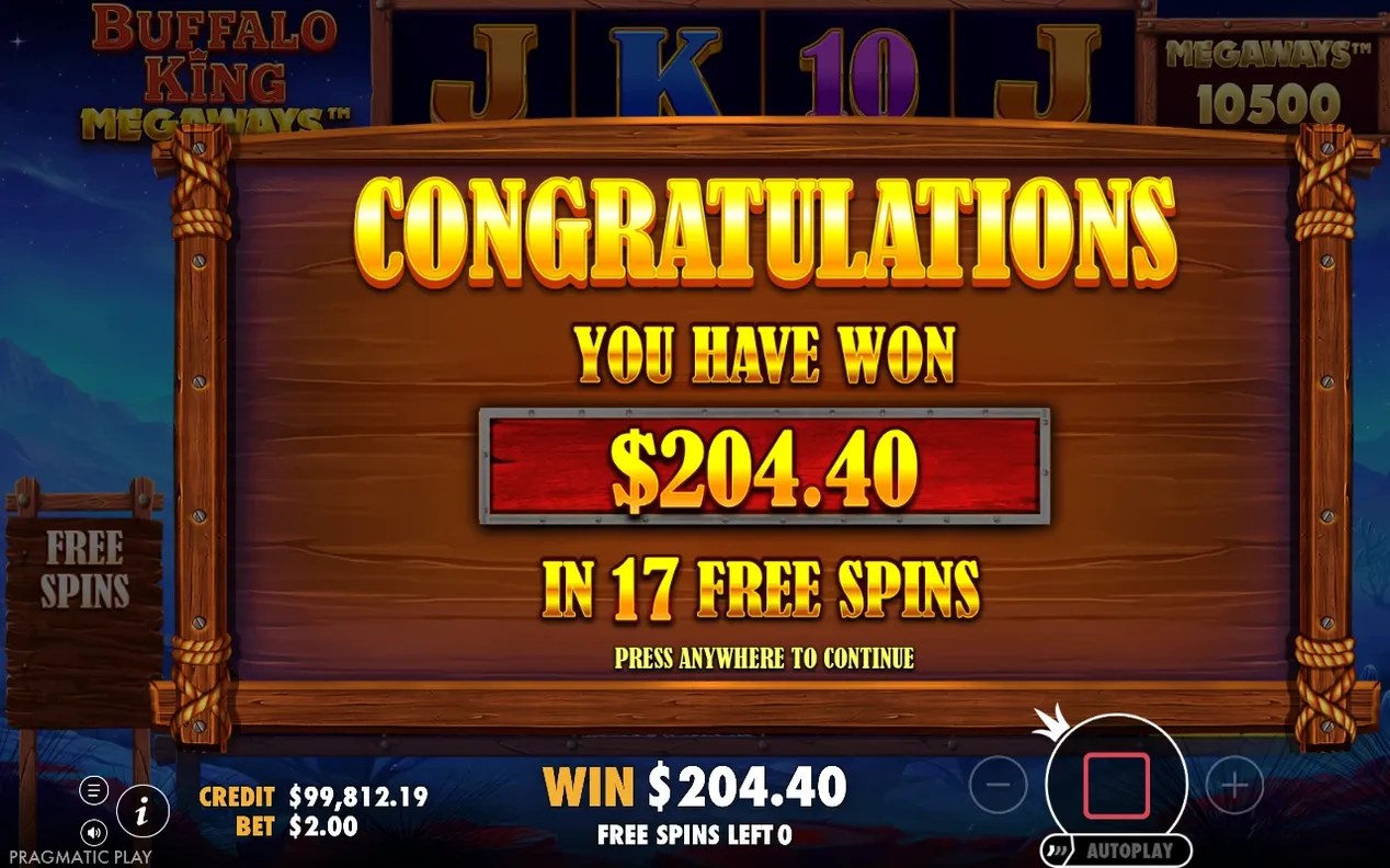 Congratulations-skylt: du har vunnit 204,40 dollar på 17 free spins, Megaways 10500.