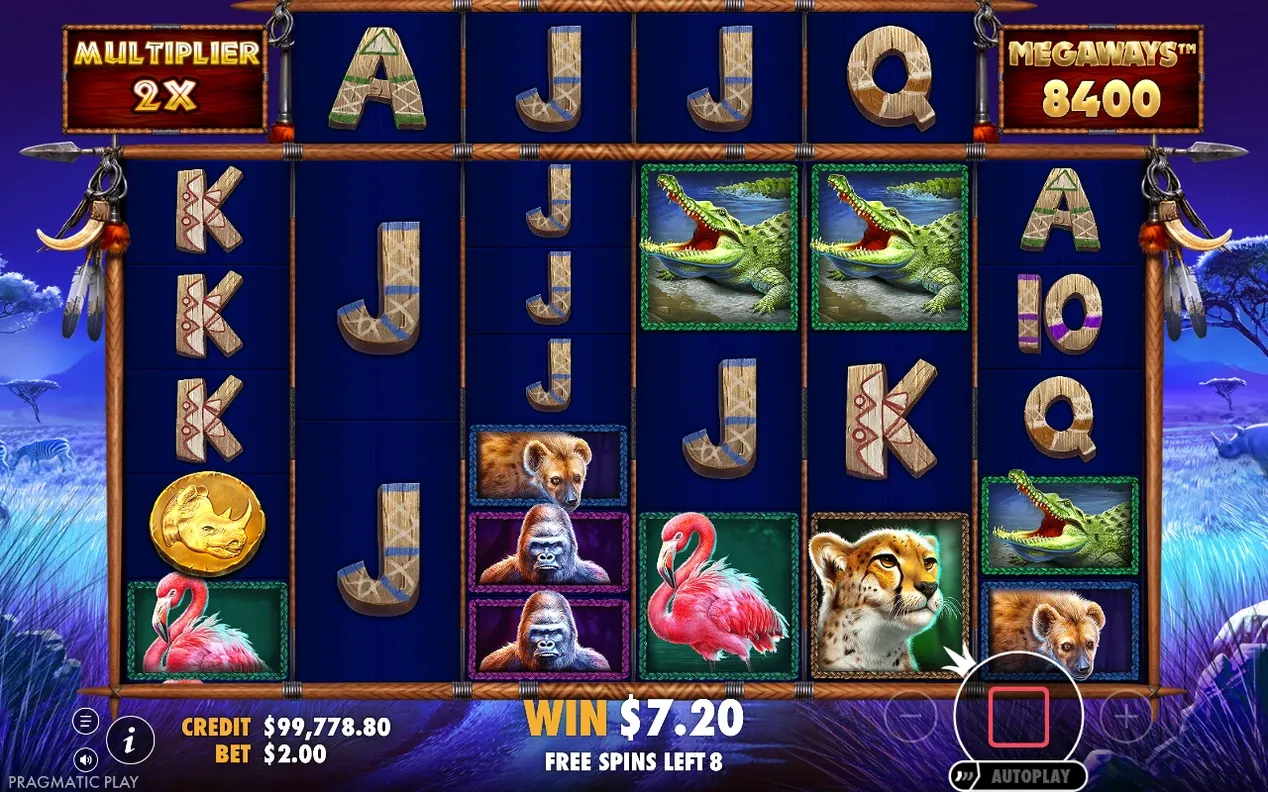 Nattlig free spins-scen med multiplikator 2X, megaways 8400 och vinst $7.20, 8 spinn kvar.