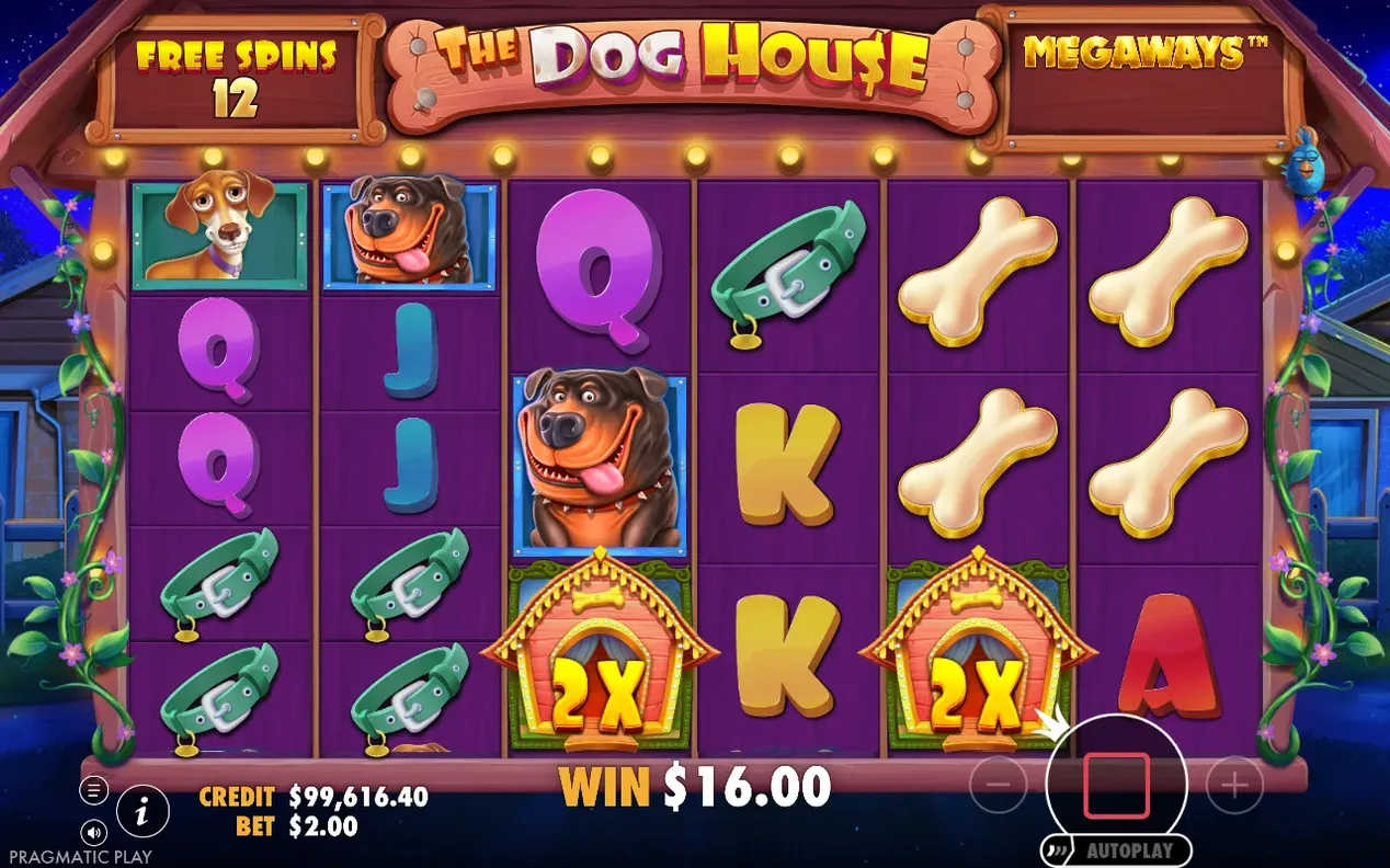 Free spins på natten, 12 spins kvar, två WILD-symboler med 2X-badge, vinst $16.00 visas.