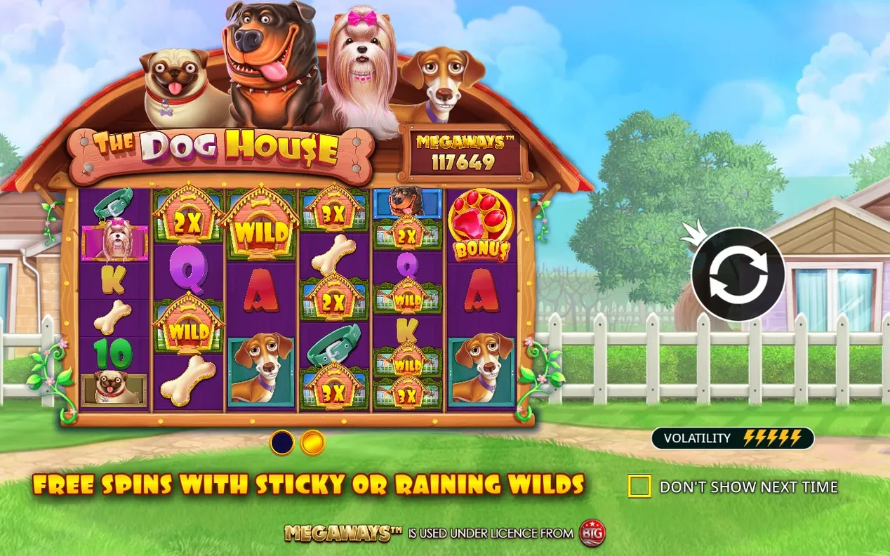 Introskärm med fyra hundar på taket, Megaways 117649-skylt, volatilitet 5 av 5 blixtar och temat för free spins.